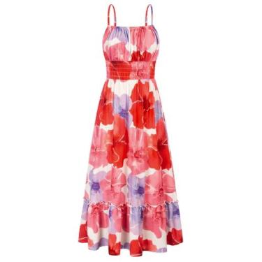Imagem de Vestido longo GRACE KARIN casual boho sem mangas vermelho floral