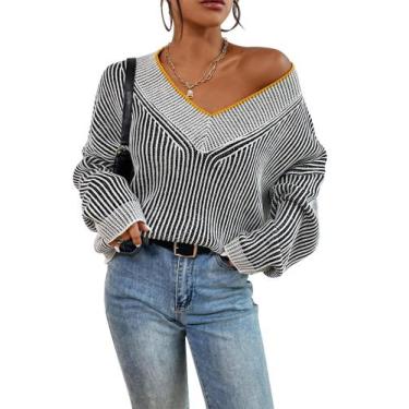 Imagem de Suéter feminino Cakulo, outono de 2024, listrado, grande, com decote e