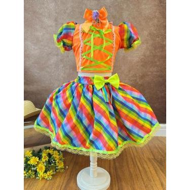 Imagem de Conjunto Meninas Junino Cropped Laranja com Mini Saia Colorida - Vesti