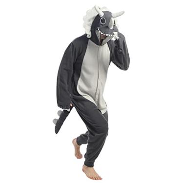 Imagem de dressfan Fantasia de dragão de tricerátopo de animal, fantasia de dinossauro, Natal, Halloween, cosplay, pijama, unissex, adultos, adolescentes, Cinza, Small