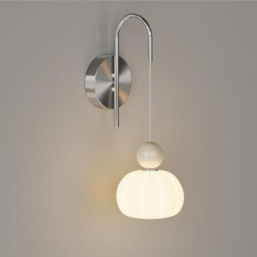 Imagem de Luminária de parede LED creme moderna com iluminação dimerizável para quarto infantil com abajur de PE de abóbora branca, luminária de parede de cabeceira cromada de 10 W com fio para quarto