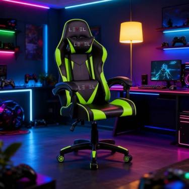 Imagem de Cadeira Gamer Level LV-C01DN Reclinável Até 100kg, Ergonômica, Ajuste de Altura, Apoios Lombar e Cervical, Conforto para Longas Sessões (PRETO E VERDE)