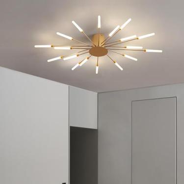 Imagem de Luminária de teto LED moderna com controle remoto, lustre preto semi-embutido, luminária pendente para quarto, sala de estar, cozinha, sala de jantar, escritório (dourada, 18 luzes)