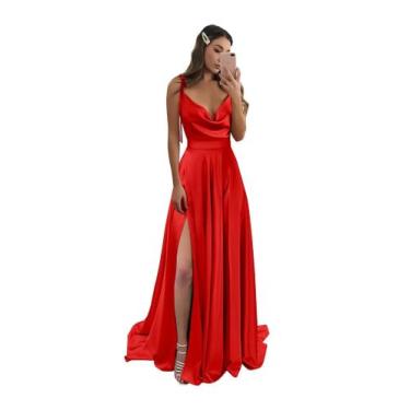 Imagem de Vestido de dama de honra Monvelli vermelho acetinado longo com fenda p