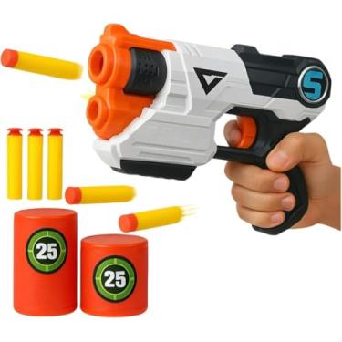 Imagem de Pistola Brinquedo Lança Dardos 9 Peças – Com 1 Pistola, 5 Dardos de Espuma Seguros e 3 Alvos em Formato de Latinha, Multicolorida
