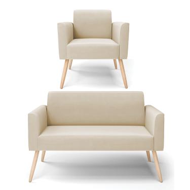 Imagem de Sofá Namoradeira com Poltrona Pés Palito Natural Marisa Suede Bege D03 - D?Rossi