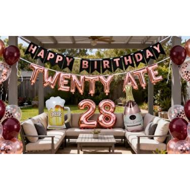 Imagem de Decorações de aniversário de 28 anos para homens, faixa dourada de balão Twenty Ate, ouro preto, número 28, champanhe, copo de cerveja, balões de alumínio para homens de 28 anos, festa de aniversário