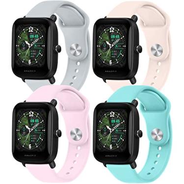 Imagem de Pacote com 4 pulseiras para Amazfit GTS / GTS2 / GTS 2e / GTS 2 mini Band feminino masculino, pulseira de relógio de silicone macio de liberação rápida de 20 mm para Amazfit Bip U Pro / Bip / Bip S / Bip S lite / Bip U (cinza+rosa + azul claro)