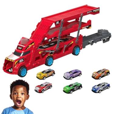 Imagem de Caminhão Cegonha Catapulta Com 8 Carrinhos Inclusos De 3 Andades Retrátil Pista Lançadora Brinquedo Ideal Para Presente Aniversário Natal Dia das Crianças (Vermelho)