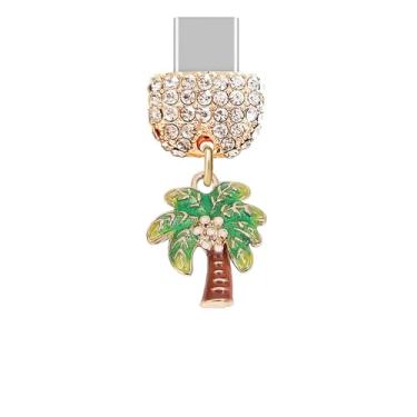 Imagem de ELISE & FONDA TP928 Tipo-C porta de carregamento cristal antipoeira pequeno 3D Natal coqueiro pingente de celular para iPhone 15/16/Samsung/OnePlus/Xiaomi/oppo telefones Android (verde e amarelo)