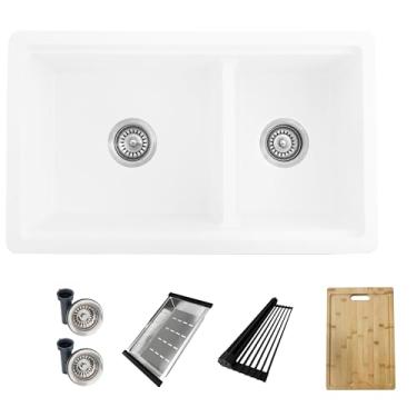 Imagem de Stylish Pia de cozinha embutida ou embaixo de 76 cm x 45 cm, pia de estação de trabalho composta de granito com coadores regulares, escorredor, escorredor e tábua de corte, branco, S-831WH