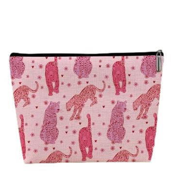 Imagem de Bolsa de maquiagem Preppy, bolsa de maquiagem com laço rosa, bolsa de viagem para presente de macaco, LCS Pink Orange Red Leopard, Tendência