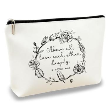 Imagem de Bolsa de maquiagem cristã acima de tudo amor uns aos outros profundamente premium bolsa organizadora de beleza compacta com zíper seguro presente atencioso para amigos perfeito para uso diário e
