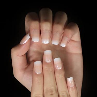 Imagem de French Tips Kits de unhas postiças acrílicas unhas curtas de pressão ombré natural nude unhas francesas quadradas brilhantes cobertura completa para mulheres 24 peças/conjunto