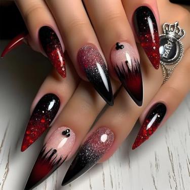 Imagem de Kit de unhas de pressão médio longo stiletto ombré preto vermelho falso cola em unhas com design de glitter cobertura completa bastão falso artificial em unha de acrílico para mulheres 24 peças
