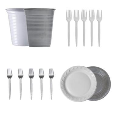 Imagem de Kit 150 Itens Descartaveis 50 Pratinho 50 Garfinho 50 Copo Descartavel Ano Novo Natal Decoração (Kit Prata)