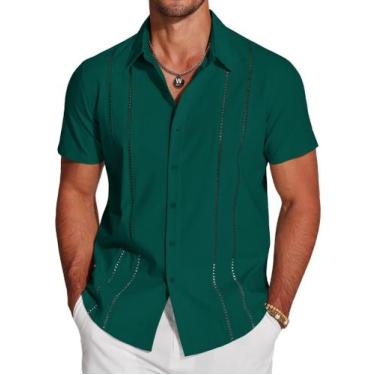 Imagem de Camisa cubana COOFANDY de manga curta com botões verde escuro