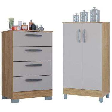 Imagem de Cômoda 867 4 Gavetas Com Armário Multiuso 2 Portas Pequeno Damasco Off White - Poquema