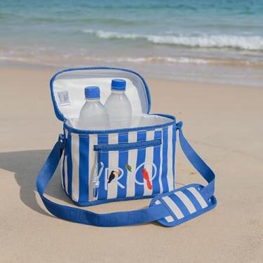 Imagem de Bolsa Térmica 5L, Alça Ajustável, Design Listrado Azul e Branco, Forrada em PVC Praiana