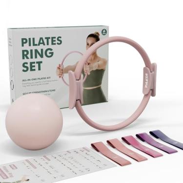 Imagem de PAETA Conjunto de anéis de Pilates – Círculo mágico de 35,5 cm (resistência de 17 kg), bola de Pilates de 25,9 cm, 5 faixas de resistência e guia de exercícios incluídos para exercícios em casa (rosa)