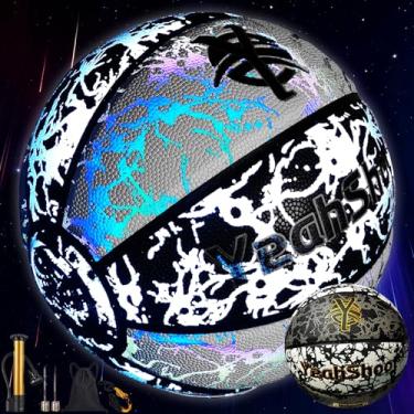 Imagem de YeahShoot Bola de basquete refletiva, 29,5 polegadas, design que brilha no escuro, basquete juvenil iluminado com bomba, azul amarelo branco (preto e branco, tamanho 7/75 cm)