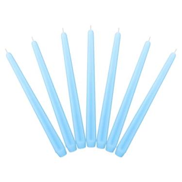 Imagem de 7 pacotes de velas cônicas azuis claras, sem cheiro, sem fumaça, não tóxicas, 25 cm de altura, castiçais de cera colorida com mechas de algodão para queimar aproximadamente 7 a 8 horas