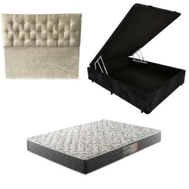 Imagem de Cama Box Baú Blindada com Colchão de Espuma D33 17cm + Cabeceira Botonê (SUEDE PRETO, Casal)