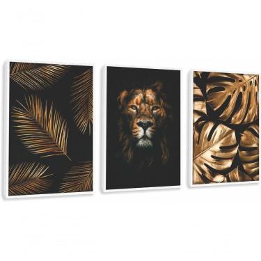 Imagem de Quadro Decorativo Folhagem Leão Dourada Com Moldura Branco