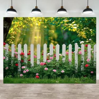 Imagem de ASDCXZ 2,7 x 1,8 m Pano de fundo de primavera grama verde cerca branca fotografia fundo luz do sol flores jardim floresta cenário natural casamento banner decorações aniversário chá de bebê retrato