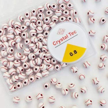 Imagem de 100 contas de bola de beisebol a granel, contas esportivas de beisebol vermelhas e brancas de acrílico, faça você mesmo, conta espaçadora redonda com corda elástica para colar, pulseiras, chaveiros