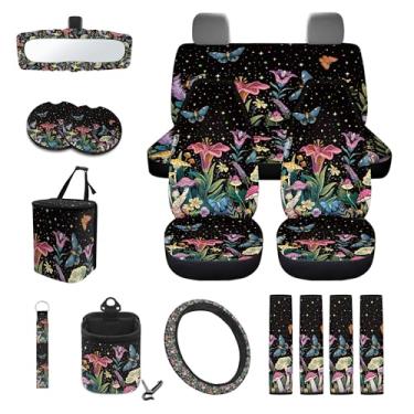 Imagem de Drydeepin Capa de assento de carro com estampa floral de cogumelo borboleta, conjunto completo, capa de volante, capa de cinto de segurança, caixote do lixo, caixa de armazenamento para ventilação de