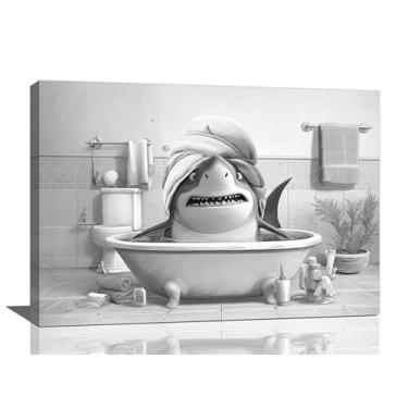 Imagem de Arte de parede engraçada de tubarão para banheiro preto e branco pintura em tela emoldurada para banheiro humor arte banheiro banheiro decoração presentes para mulheres meninas 40.6 cm x 61.0 cm
