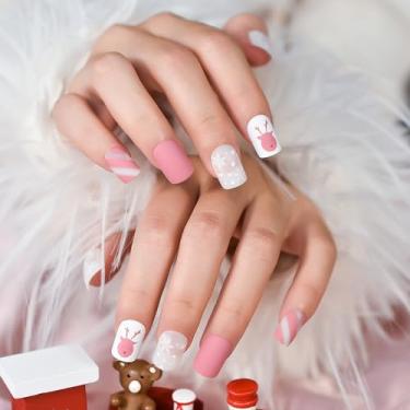 Imagem de 24 unhas, unhas postiças quadradas, curtas, de Natal, floco de neve, rosa, fosco, unhas postiças, ponta francesa, cobertura completa, cola nas unhas, para mulheres, férias, reutilizável, decoração de