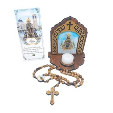 Imagem de Capela de Oração Nossa Senhora Aparecida em MDF, 13,3x12x8 cm, com Terço de Madeira Imbuia 39 cm, Vela e Folheto, Foto Resinada