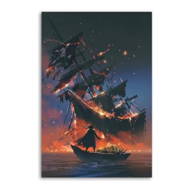 Imagem de Pôster de arte de parede em tela com impressão de navio pirata assistindo os navios queimarem decoração de parede para casa 08 x 12 polegadas (20 x 30 cm)