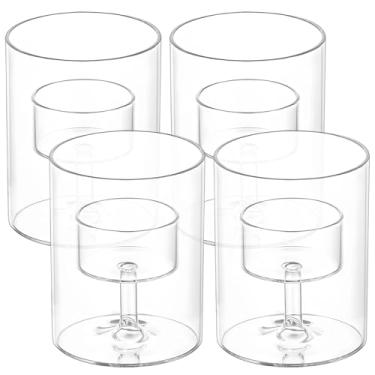 Imagem de LUMINFLY Conjunto de 4 castiçais de vidro transparente de tamanho médio, suportes cilíndricos de tealight em estilo retrô, vidro borossilicato alto para centros de mesa de festa