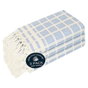 Imagem de HEIRLOOM COMFORT Toalhas de cozinha de matriz pontilhada azul celeste e branco, pacote com 3, 100% algodão, 40,6 x 66 cm, toalhas de prato com bordas de borla, reutilizáveis, macias, de secagem rápida