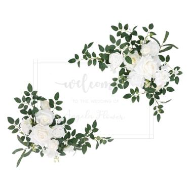 Imagem de Angela flower 2 peças, branco e verde, placa de boas-vindas, flores artificiais, decoração de casamento, arranjos florais pendurados para cerimônia, recepção, placa de entrada, mesa de coração