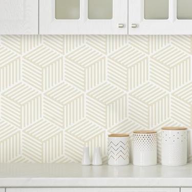Imagem de Rugreat Papel de parede moderno para contato geométrico boho para armários papel de contato listrado bege e branco papel de parede autoadesivo removível para banheiro à prova d'água hexágono 43 cm ×