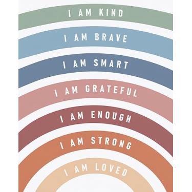 Imagem de Tibest Impressões de arte de parede de afirmação positiva, pôster positivo motivacional boho, decoração de parede inspiradora I am Kind Brave, arte de parede boho arco-íris para sala de aula, quarto