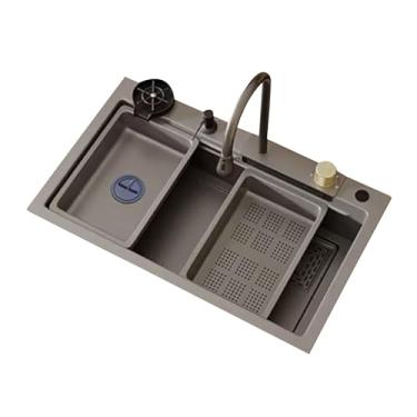 Imagem de Pia de cozinha em cascata de tigela única, pia de cozinha de aço inoxidável, lavatório de vegetais, montagem superior para pia de cozinha (80 x 45 cm/12,4 x 17,7 polegadas, cinza pistola)