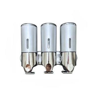 Imagem de Dispenser Parede Manual Shampoo Sabonete Alcool Gel Ideal para Banheiro Hotel Com 1, 2 ou 3 Reservatórios Cinza dispenser sabonete liquido para Banheiro, Hotel (3 RECIPIENTES)