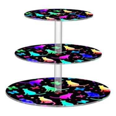Imagem de Blueangle Suporte redondo de cupcake de 3 camadas – Torre de sobremesa de acrílico com silhuetas coloridas de gato, suporte de sobremesa em camadas antiderrapante para chá de bebê, aniversário, festa