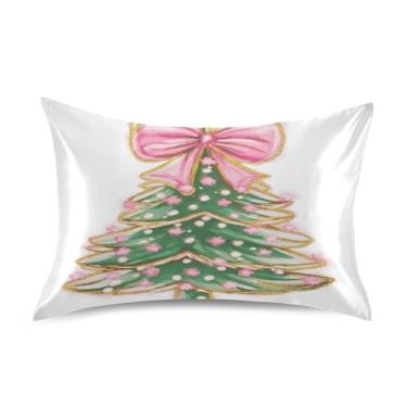 Imagem de ATTX Fronha de almofada de árvore de Natal com laço rosa com fecho de envelope para cabelo e pele, macia, respirável, suave, ambos os lados, capa de almofada de seda refrescante (Queen 50 cm × 76 cm