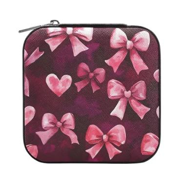 Imagem de SEHANY Caixa de joias personalizada com laço rosa para mulheres, meninas, mini estojo de joias de couro PU, organizador de joias de viagem, caixa de joias para brincos, anéis, colares, presentes para