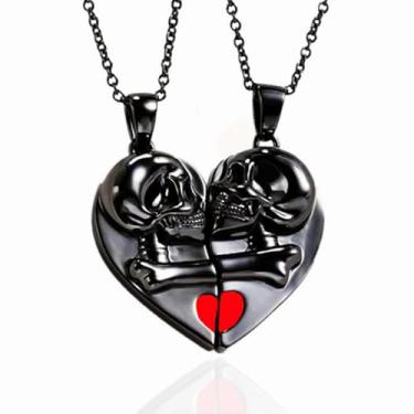 Imagem de Wbreaz Colar de caveira com pingente de coração e caveira combinando para casais Best Friends Forever BFF Esqueleto gótico Halloween joias de Natal presentes para homens e mulheres, Black Frosted Pair