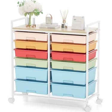 Imagem de Carrinho de rodinhas com 12 gavetas com tampo de madeira – Organizador móvel de armazenamento com rodas para artesanato, material escolar, escritório em casa e organização de sala de aula de
