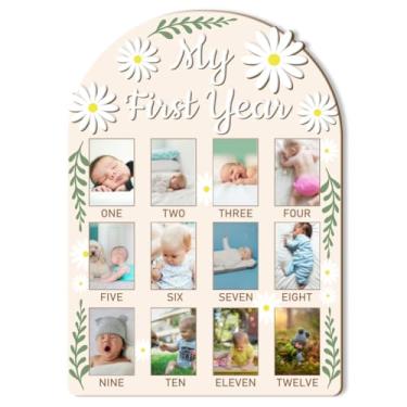 Imagem de ORIGACH Quadro de exibição de fotos My First Year Baby Growth, quadro de lembrança de madeira para recém-nascidos de 12 meses para decoração de primeiro aniversário e berçário, flor