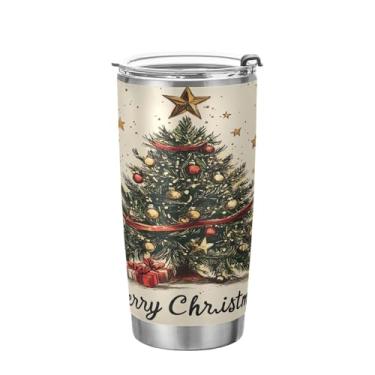 Imagem de YETTASBIN Copo de árvore de Natal com tampa de palha, copo de aço inoxidável de 590 ml, parede dupla, isolada a vácuo, caneca de café de viagem para bebidas quentes e frias