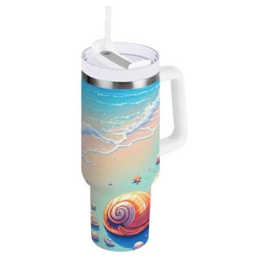 Imagem de Kigai Copo térmico de 1,134 g com alça, estrela do mar e conchas de praia com tampa e canudo, garrafa de água esportiva de metal grande, caneca de café de viagem de aço inoxidável